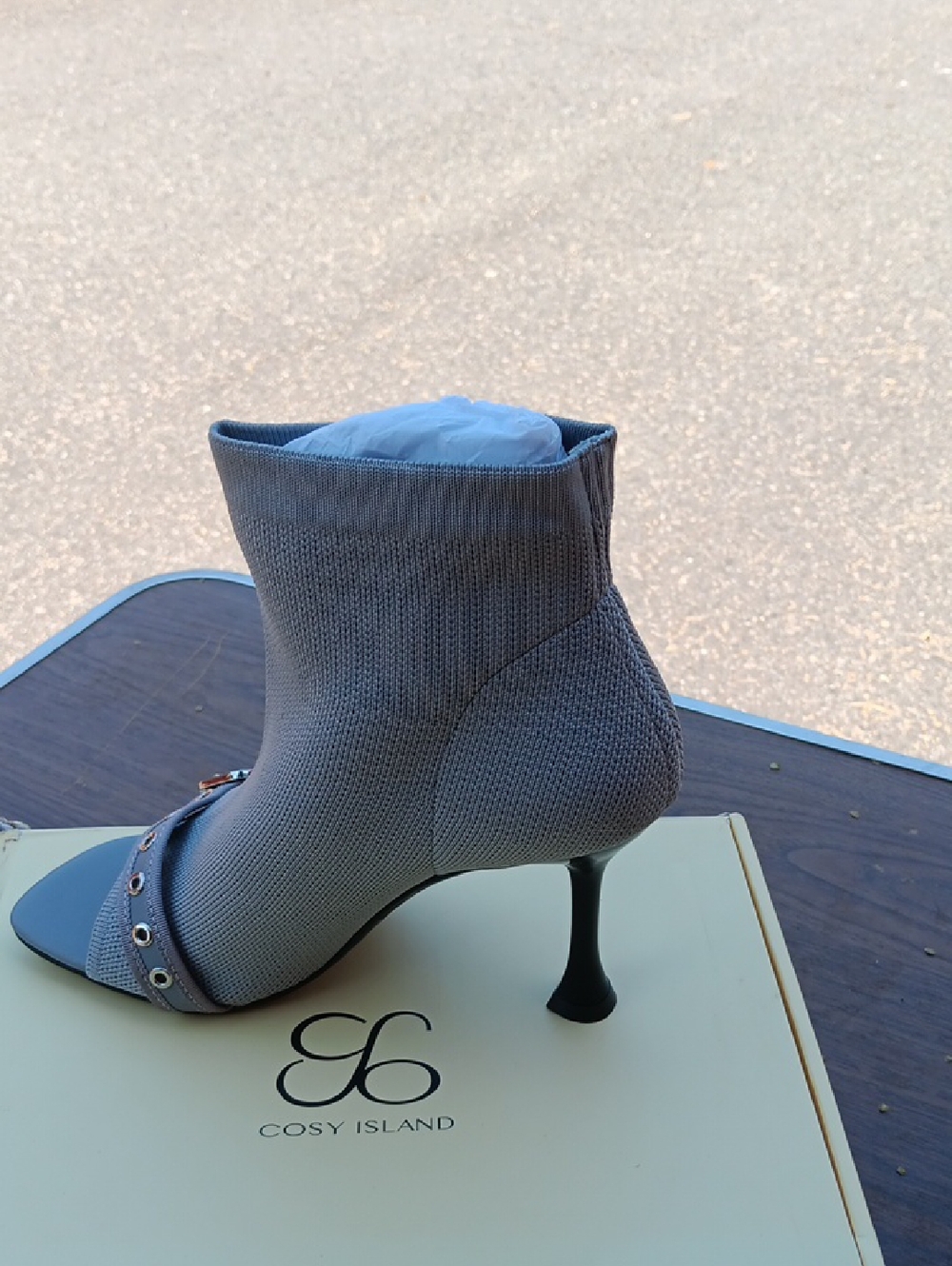 Grey Knit Ankle Heels with Studded Toe Strap